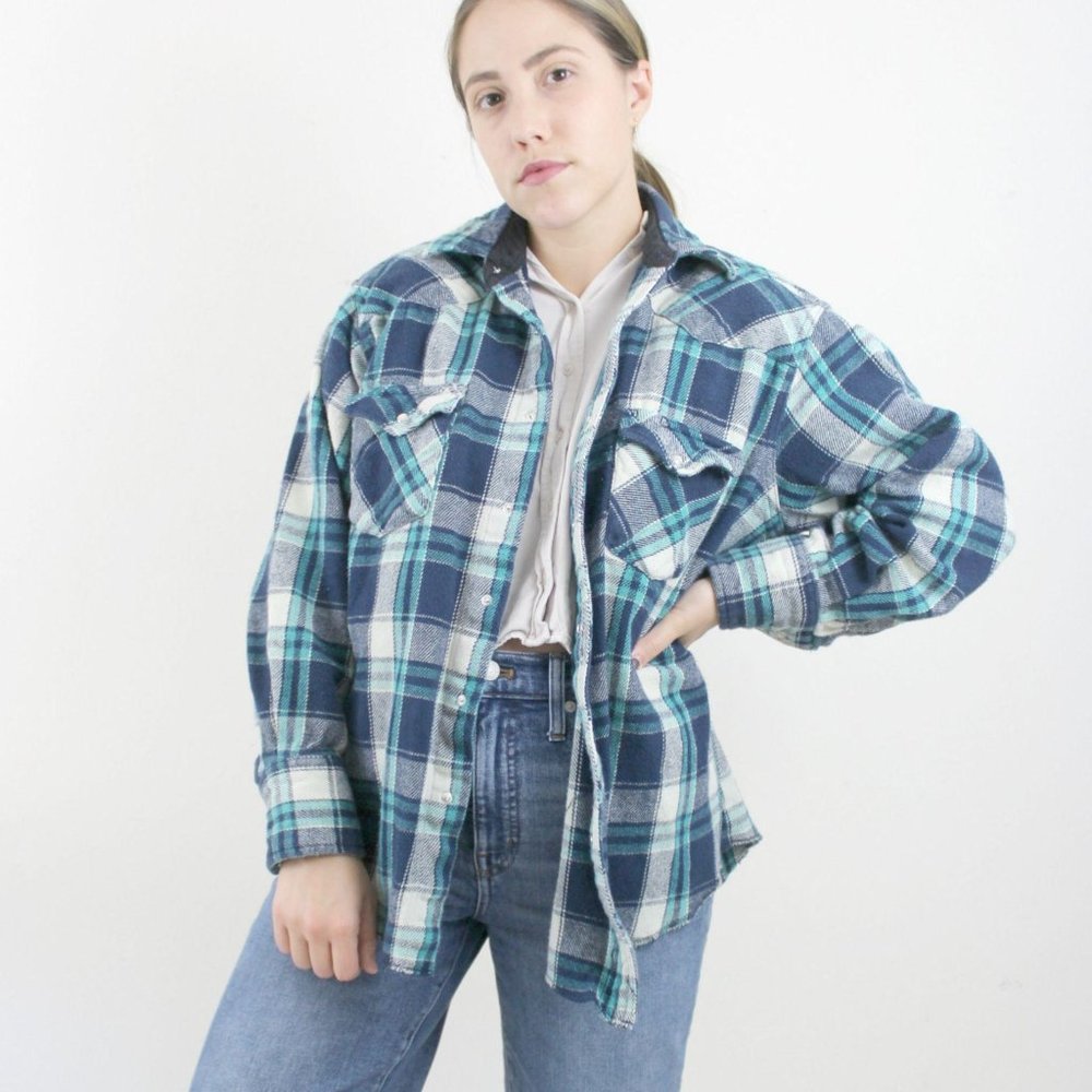 Vintage | 80s Blue Green Plaid Flannel Wrangler